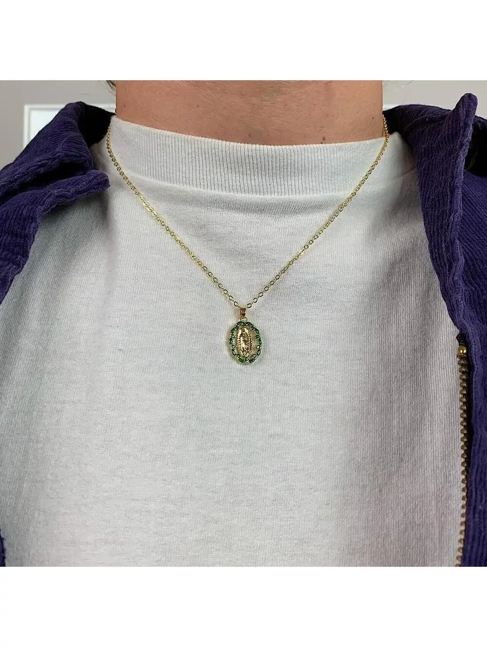 Y2k style gold Saint Marry green rhinestone pendant necklace. 19 inches length.